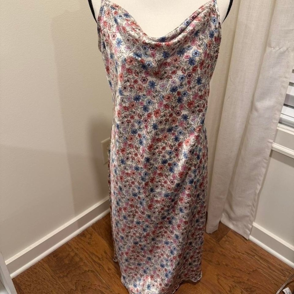 Bebe Womens Floral Cowl Neck Satin Slip Dress Pink Blue Midi Large Made in USA